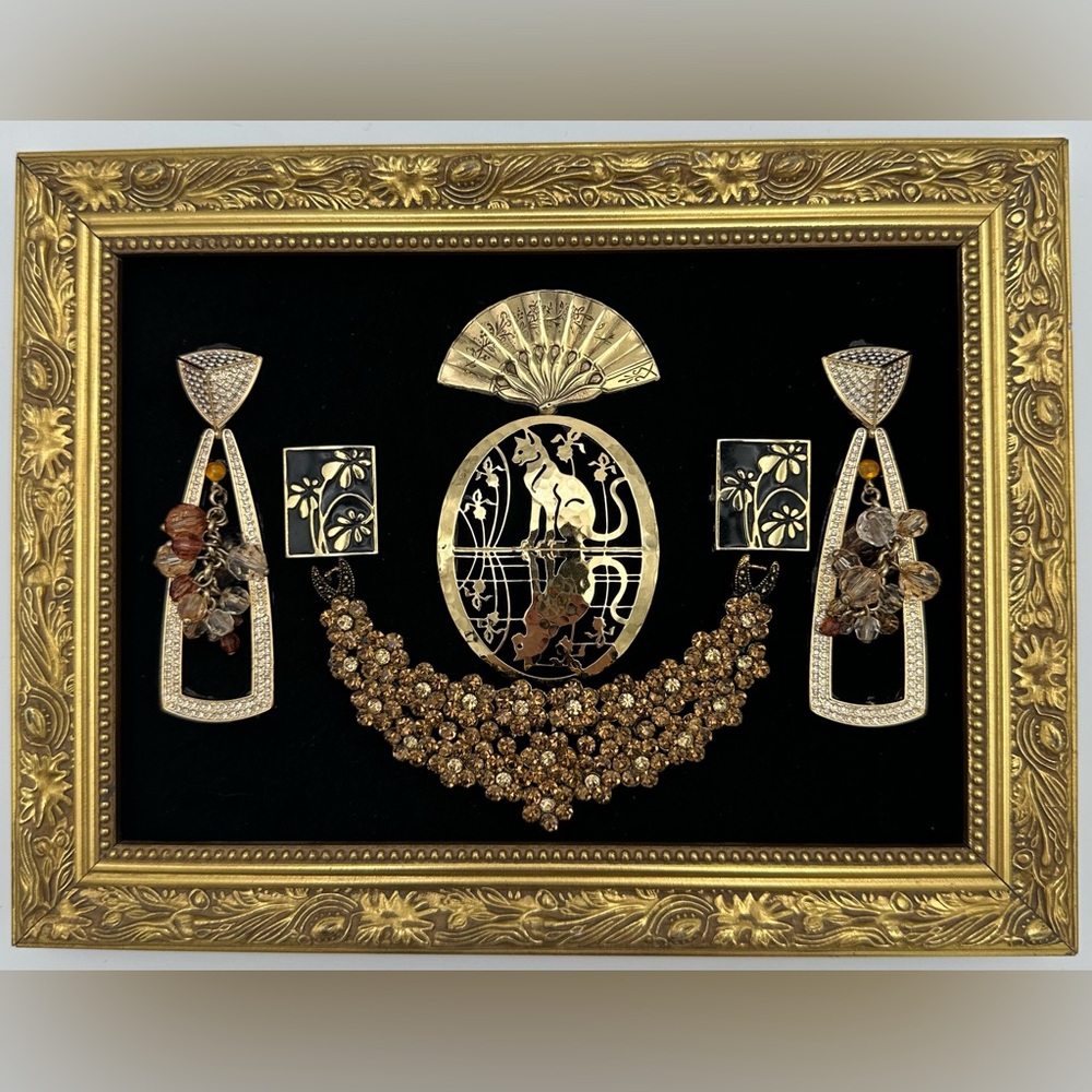 Hand Crafted 5x7 Framed Jewelry Art Mixed Media Collage on Velvet